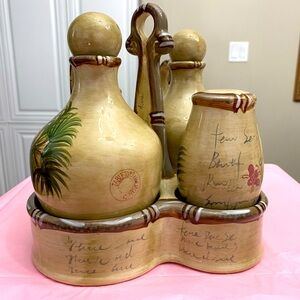 VTG HAND PAINTED CERAMIC CRUET SET IN A CERAMIC CADDY